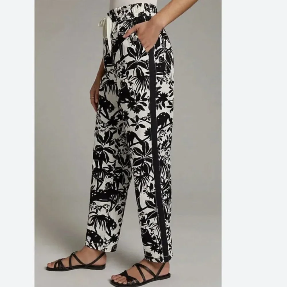 MAEVE BY ANTHROPOLOGIE TENLEY BLACK WHITE JUNGLE ANIMAL PRINT TWILL TRACK PANTS - Picture 1 of 11